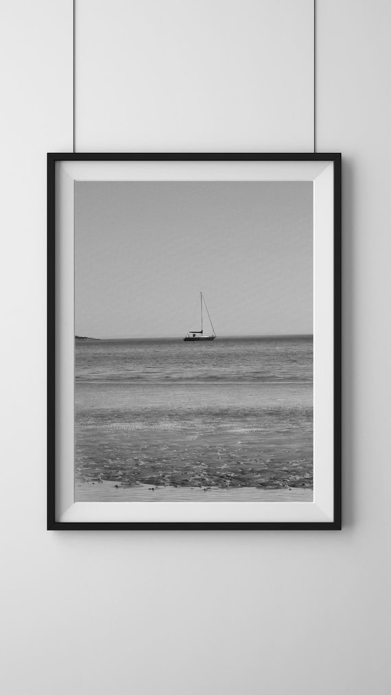 Digital Black and White Print, Seascape Print, Nautical Decor, Sailing Boat Print, Scottish Landscape Art
