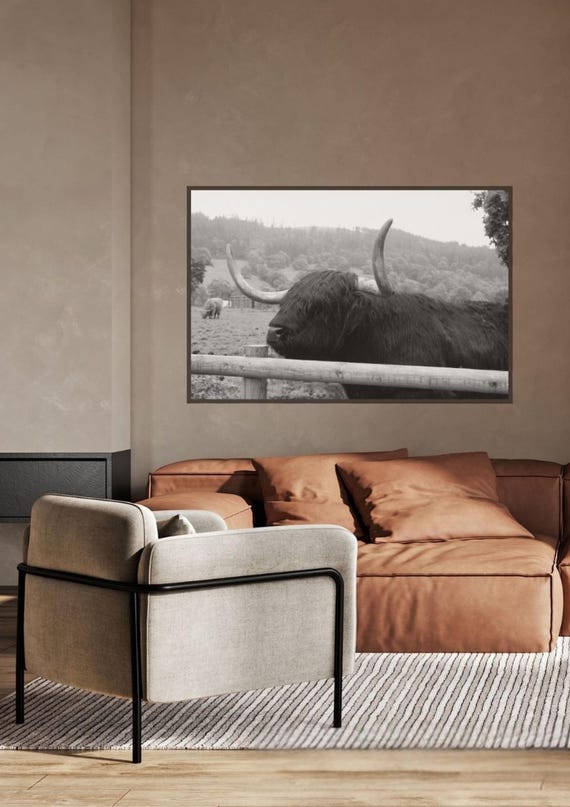 Three Digital Black and White Prints, Highland Cows, Scotland, Cultural, Nature, Landscape, Rustic, Countryside Wall Art, Home Decor