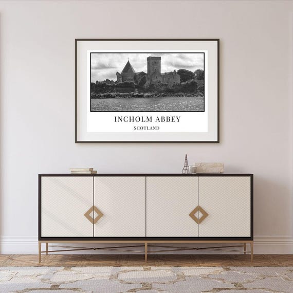 Digital Black and White Print, Incholm Abbey, Scotland, Medieval Art, Monastery, Monochrome, Historical Architecture, Minimalist, Home Decor