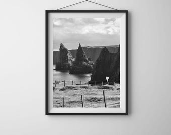 Duncansby Stacks Print: Black and White Scottish Coastal Photography (Digital Download)