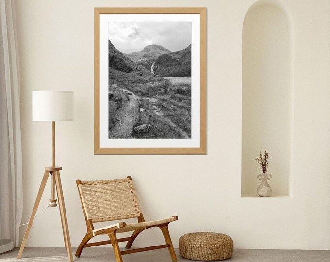 Steall Waterfall Print: Scottish Highlands Black and White Photography (Digital Download)