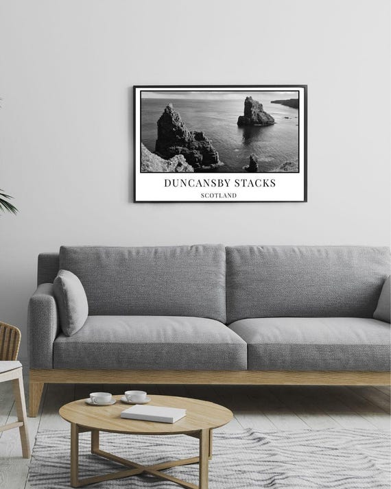 Four Digital Black and White Prints, Duncansby Sea Stacks near Wick, Scotland, Coastal Decor, Sea Landscape Picture