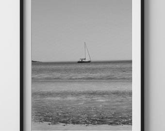 Sailing Boat Print: Black and White Seascape, Scottish Coast (Digital Download)