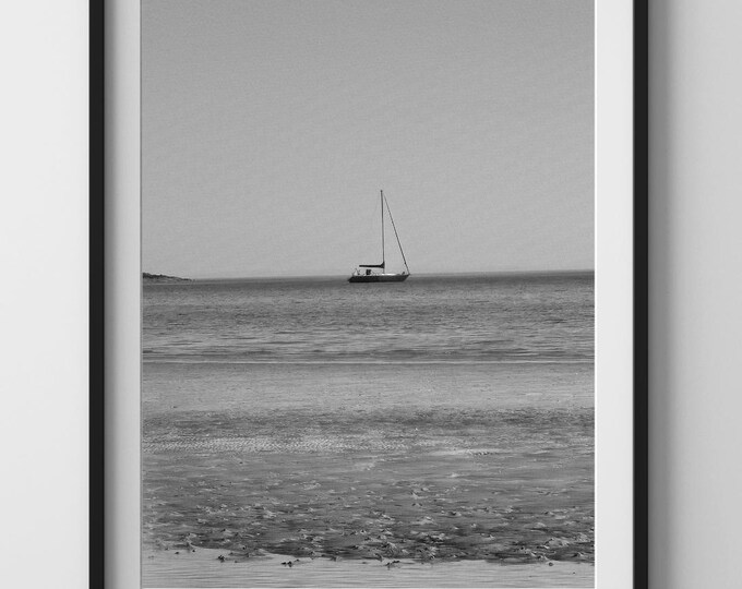 Sailing Boat Print: Black and White Seascape, Scottish Coast (Digital Download)