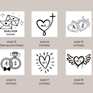 K&ouml;nnte beinhalten: Eine Sammlung von sechs schwarz-wei&szlig;en Designs zum Thema Hochzeit. Die Designs umfassen Umschl&auml;ge, Herzen, Ringe und gefl&uuml;gelte Herzen, jeweils mit Initialen oder Namen und Daten. Die Stile sind mit Nummern und Beschreibungen versehen.