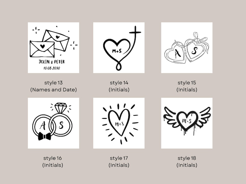 K&ouml;nnte beinhalten: Eine Sammlung von sechs schwarz-wei&szlig;en Designs zum Thema Hochzeit. Die Designs umfassen Umschl&auml;ge, Herzen, Ringe und gefl&uuml;gelte Herzen, jeweils mit Initialen oder Namen und Daten. Die Stile sind mit Nummern und Beschreibungen versehen.