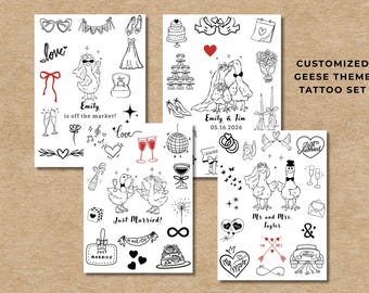 4 sheets Modern Party Temporary Tattoos | Wedding Flash Tattoo | Wedding Tattoo Station| Customized Tattoo | Black and White Wedding Tattoo