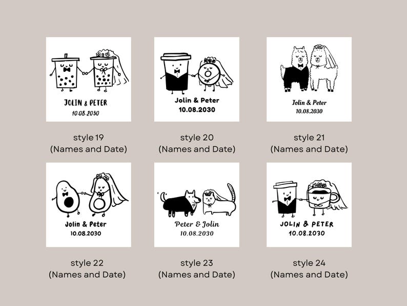 K&ouml;nnte beinhalten: Eine Sammlung von sechs schwarz-wei&szlig;en Illustrationen zum Thema Hochzeit. Jede zeigt ein einzigartiges Paar von Charakteren, darunter Bubble Tea, Kaffeetassen, Lamas, Avocados, Hunde und Katzen, alle mit Hochzeitskleidung. Jedes Design enth&auml;lt Namen und ein Datum.