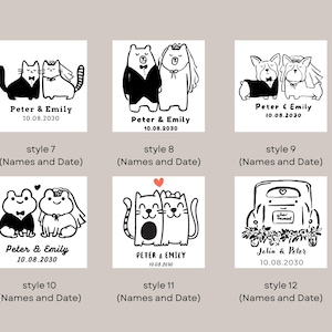 K&ouml;nnte beinhalten: Eine Sammlung von schwarz-wei&szlig;en Illustrationen zum Thema Hochzeit. Jedes Design zeigt ein Tierpaar oder ein Auto mit Namen und Datum darunter. Stile umfassen Katzen, B&auml;ren, Fr&ouml;sche und ein Auto, alles in einem einfachen, eleganten Stil.