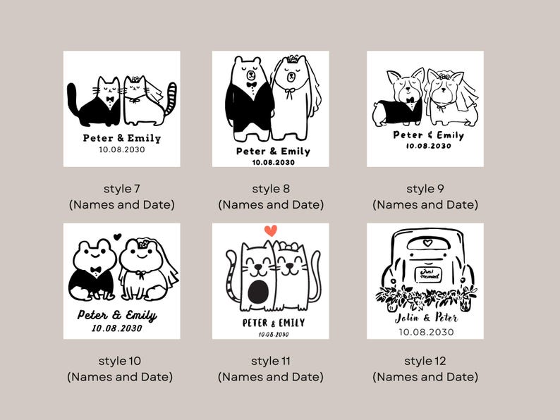 K&ouml;nnte beinhalten: Eine Sammlung von schwarz-wei&szlig;en Illustrationen zum Thema Hochzeit. Jedes Design zeigt ein Tierpaar oder ein Auto mit Namen und Datum darunter. Stile umfassen Katzen, B&auml;ren, Fr&ouml;sche und ein Auto, alles in einem einfachen, eleganten Stil.