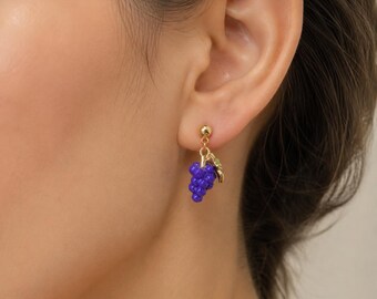 Gold Grape Earrings, Purple Enamel Fruit Dangles, Whimsical Jewelry