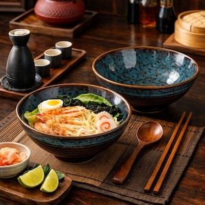 6-delige Ramen Bowl Set Met 1000 Ml Vulhoeveelheid - Traditionele Japanse Servies Set Met Eetstokjes En Lepel In Zwart | NL