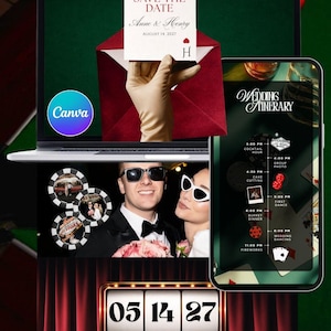 May include: A digital wedding invitation design with a casino theme. The design includes a "Save the Date" card, a wedding itinerary, and a photo of the couple. The date is displayed as 05 14 27. The Canva logo is visible.