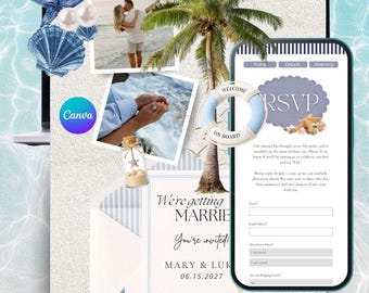 Beach Wedding Website template, Coastal wedding, travel digital invitation, Wedding Website Template RSVP, Destination wedding, Coastal