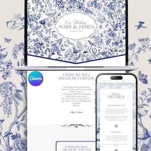 May include: A laptop and smartphone displaying a wedding invitation design. The design features a blue and white floral pattern with the text "Our Wedding MARY & JAMES August 14, 2027." The smartphone shows wedding details.