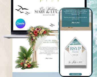 Beach Wedding Website Template with RSVP, Website Digital Invitation, Floral Design Save The Date, Website template, Canva website template