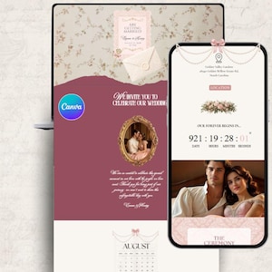 Puede incluir: Un diseño digital de invitación de boda que se muestra en una computadora portátil y un teléfono inteligente. El diseño presenta un tema burdeos y floral con una foto de una pareja, detalles del evento y un temporizador de cuenta regresiva. El logotipo de Canva es visible.