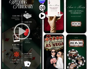 May include: A collection of digital wedding-themed graphics. The main image is a phone screen displaying a wedding itinerary with casino-themed elements. Other images include wedding announcements, a couple in front of the Las Vegas sign, and date displays.