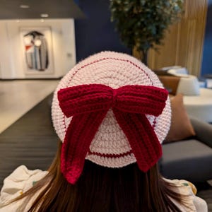 Handmade Crochet Beret with Red Bow: French Style Winter Hat