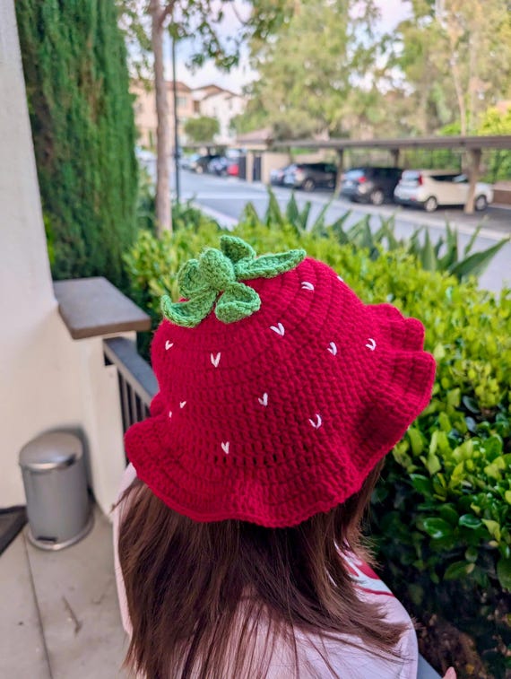 Handmade Strawberry Crochet Hat – Cute Red Bucket Hat for Women & Girls | Kawaii Fruit-Inspired Beanie | Unique Gift for Her