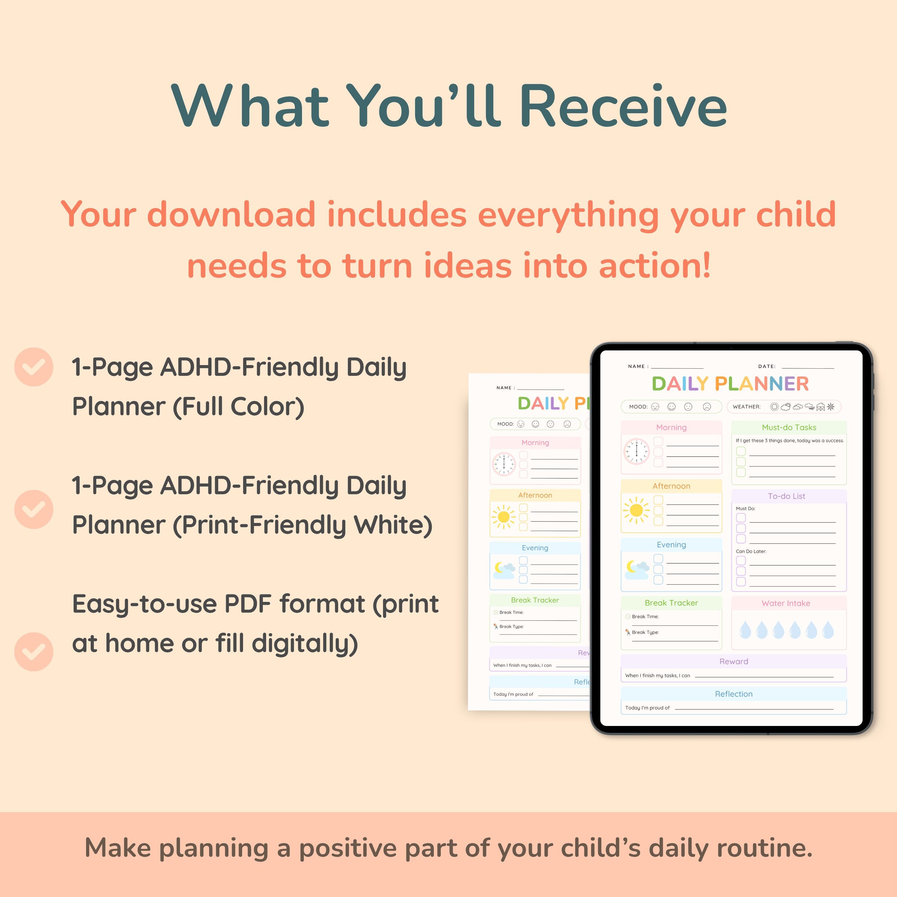 ADHD Daily Planner for Kids-teens – Printable Focus & Routine Tracker ...