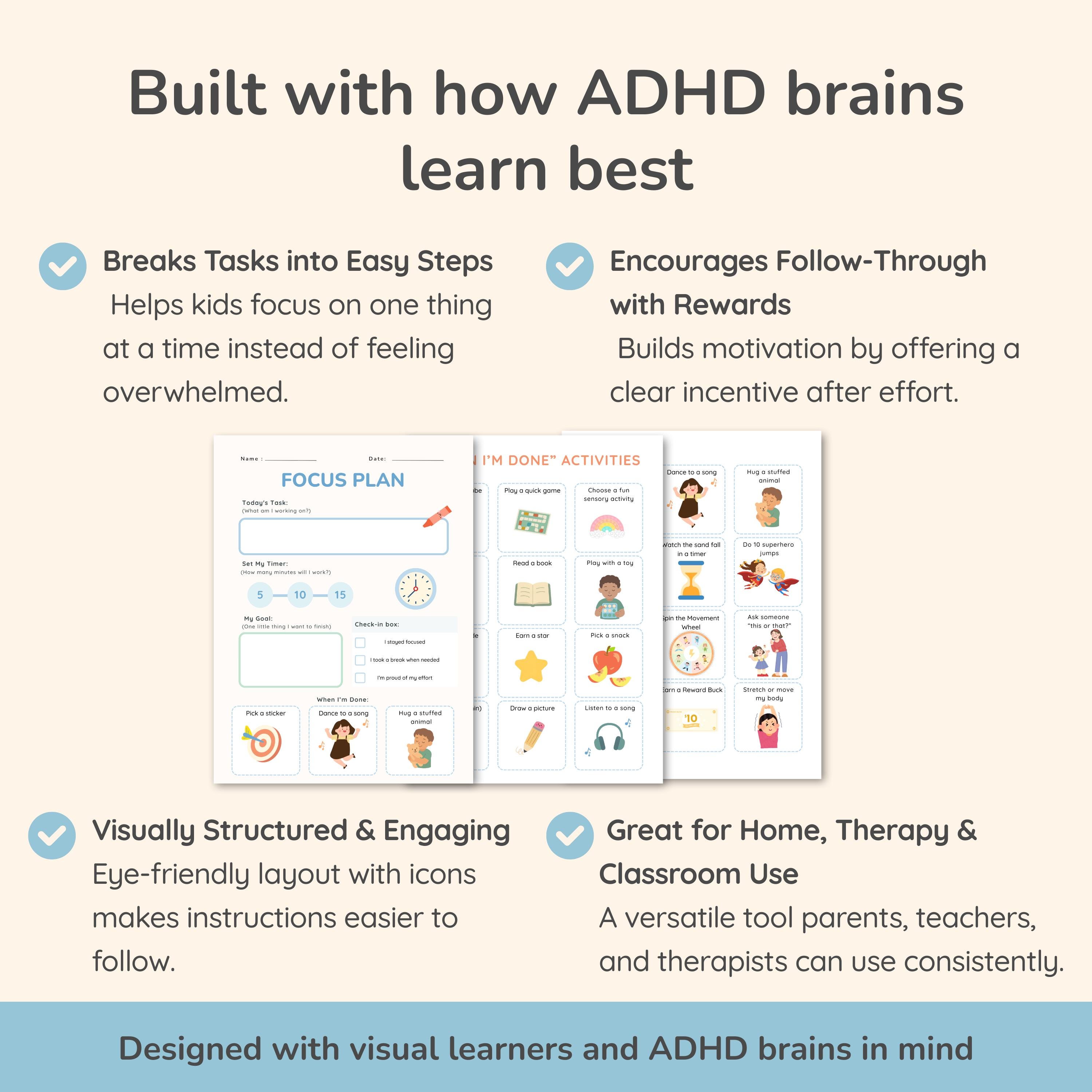 ADHD Focus Plan Chart for Kids – Visual Cue Sheet, Executive Function ...