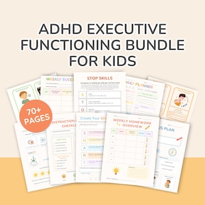 Puede incluir: Un conjunto de páginas imprimibles para niños con el texto "ADHD EXECUTIVE FUNCTIONING BUNDLE FOR KIDS". Las páginas incluyen gráficos de éxito semanales, planificadores diarios y listas de verificación. El paquete incluye más de 70 páginas.