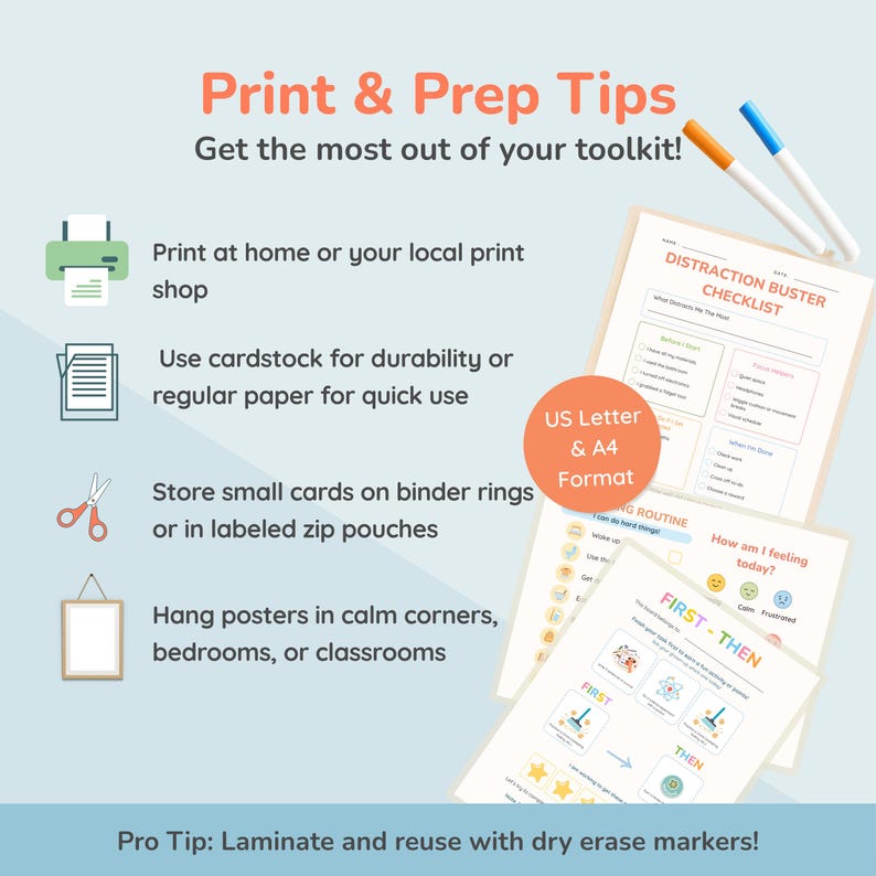 May include: A light blue image with the text "Print & Prep Tips" and "Get the most out of your toolkit!". The image includes tips for printing and using the toolkit, along with examples of checklists and routines. Two markers are visible.