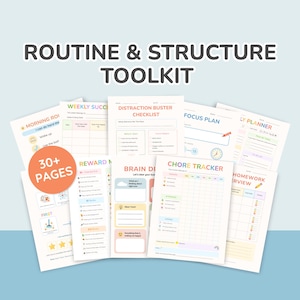 Peut inclure: Un ensemble d'outils avec diverses pages imprimables pour la routine et la structure. Les pages comprennent une routine matinale, le succès hebdomadaire, une liste de contrôle anti-distraction, un plan de concentration, un tableau de récompenses, etc. Plus de 30 pages.