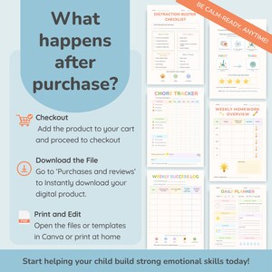 May include: A digital download product with various printable templates for children, including a chore tracker, daily planner, and weekly homework overview. The image includes text that says "What happens after purchase?" and "Start helping your child build strong emotional skills today!"