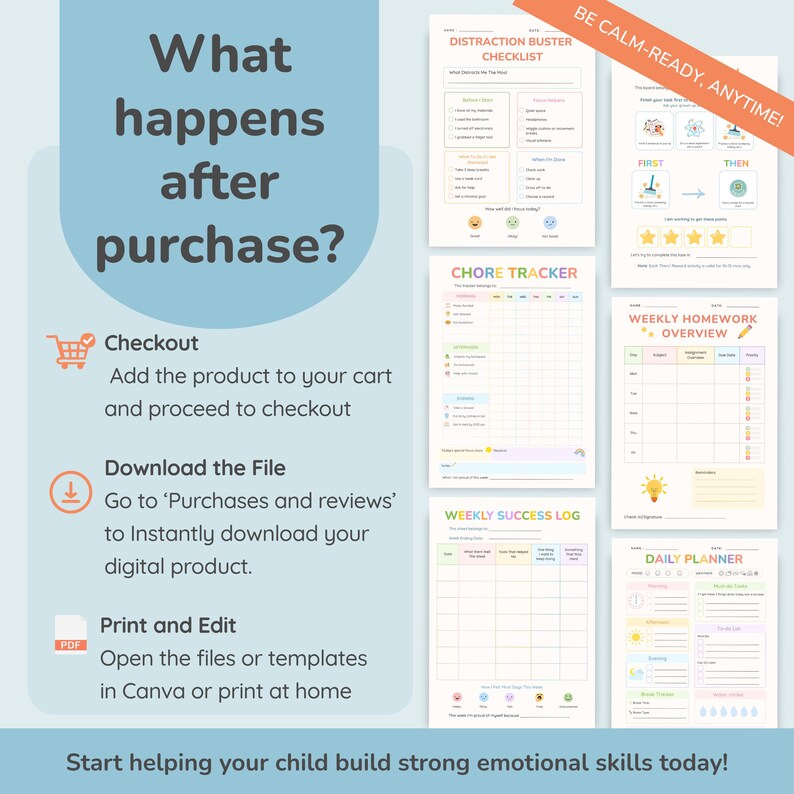 May include: A digital download product with various printable templates for children, including a chore tracker, daily planner, and weekly homework overview. The image includes text that says "What happens after purchase?" and "Start helping your child build strong emotional skills today!"