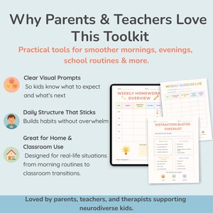 May include: A toolkit with the text "Why Parents & Teachers Love This Toolkit". It includes a tablet displaying a homework overview, a weekly success log, and a distraction buster checklist. The toolkit is designed for home and classroom use.