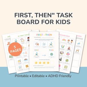 Puede incluir: Un conjunto de tableros de tareas imprimibles para niños, con el texto "FIRST, THEN" TASK BOARD FOR KIDS. Los tableros incluyen secciones para tareas, recompensas e ideas, con las palabras "Printable, Editable, ADHD Friendly" en la parte inferior.