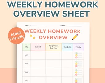 Tracker settimanale dei compiti per bambini - Foglio di panoramica semplice e stampabile adatto a bambini con ADHD per concentrazione, organizzazione, successo scolastico e funzione esecutiva