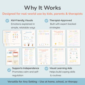 May include: A colorful educational chart with the title "Why It Works" and the subtitle "Designed for real-world use by kids, parents & therapists." The chart includes various visual learning aids and supports independence.