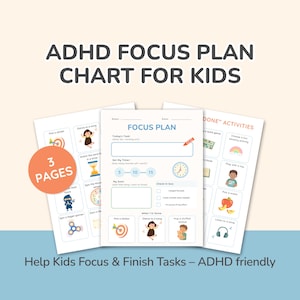 Könnte beinhalten: Ein Satz von drei druckbaren ADHD-Fokusplan-Diagrammen für Kinder. Die Diagramme enthalten einen Fokusplan, einen Timer und eine Liste von Aktivitäten. Der Text auf dem Bild lautet "ADHD Focus Plan Chart for Kids" und "Help Kids Focus & Finish Tasks - ADHD friendly."