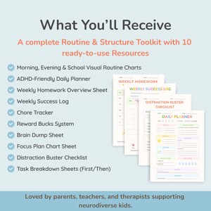 May include: A collection of printable routine and structure resources, including daily planners, checklists, and charts. The image features text that reads "What You'll Receive" and "ready-to-use Resources". The toolkit is designed for neurodiverse kids.