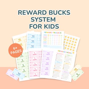 May include: Printable reward system for children, featuring reward bucks, a reward tracker, and a reward menu. The pages have colourful designs and the text reads "REWARD BUCKS SYSTEM FOR KIDS".
