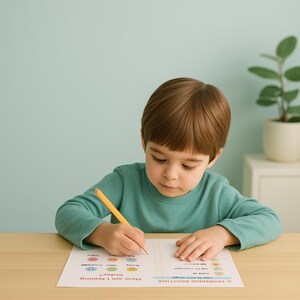 May include: A young child wearing a teal long-sleeve shirt is focused on writing with a yellow pencil on a printed worksheet. The worksheet has the title "Morning Routine" and prompts for feelings and activities. The background is a light teal wall.