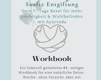 May include: A workbook with the title "Workbook" and the text "TENVEDA Sanfte Entgiftung Dein 7- Tage Reset für mehr Leichtigkeit & Wohlbefinden mit Ayurveda". The cover is light blue with a leaf design.