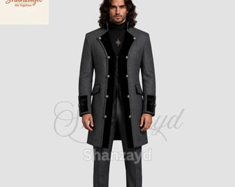Mens Gothic Victorian Frock Coat Suit, Black Brocade Long Coat Set, Edwardian Formal Wear, Steampunk Wedding Suit,Aristocrat Tailcoat Outfit