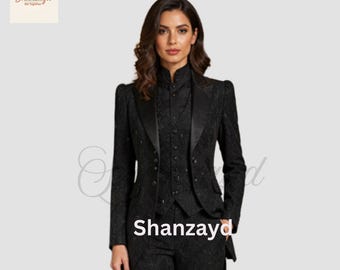 Womens Black Brocade Suit Gothic Victorian Blazer Set Formal 3 Piece Suit Women Tailored Jacket Vest Pants Elegant Wedding Outfit Women