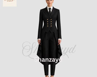 Black Victorian Tailcoat Women Gothic Frock Coat Formal Dress Jacket Steampunk Long Coat Double Breasted Tuxedo Coat Wedding Outfit
