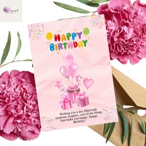 Tarjeta de cumpleaños rosa para ella – Diseño imprimible de globo y regalo – Saludo de cumpleaños original – Descarga instantánea – 5x7