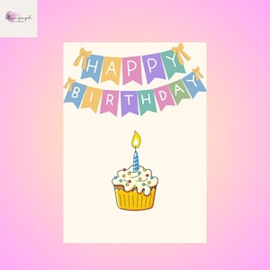 Cartão de aniversário com cupcake – Saudação fofa para impressão 5x7 – Design de banner pastel – Download de cartão de aniversário digital para todas as idades