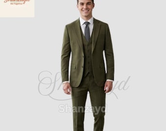 Terno masculino verde-oliva de 3 peças, ideal para casamento, corte slim, sob medida, perfeito para noivos e para negócios.