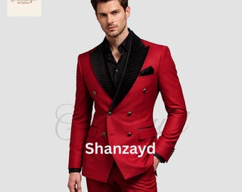 Roter Zweireihiger Anzug Männer, Schwarzer Schalkragen Tuxedo, Herrenhochzeitsanzug, Abschlussballanzug Männer, Formeller Abendanzug, Slim Fit Bräutigam Anzug