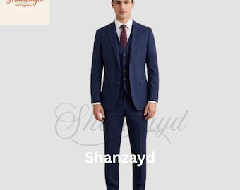 Terno masculino azul marinho de 3 peças, conjunto clássico formal, terno para noivo, terno slim fit para negócios, roupa para baile de formatura, terno para o escritório.