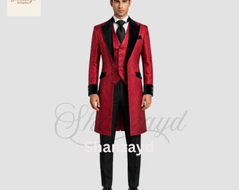 Czerwony wiktoriański surdut męski w stylu gotyckim, brokatowy frak, smoking, formalny strój, garnitur na bal maturalny, długi płaszcz w stylu vintage