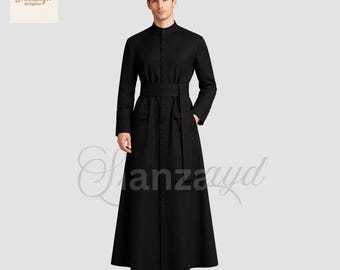 Túnica negra para hombre, abrigo de sacerdote, abrigo largo de clérigo, abrigo largo gótico con botones frontales, atuendo religioso formal, túnica hecha a medida para hombre